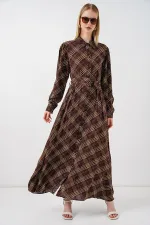 Kadın Boydan Düğmeli Uzun Tesettür Elbise 2588 - Kahverengi