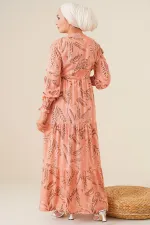 2145 Desenli Tesettür Elbise - Pudra