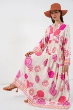 Kadın Desenli Uzun Tesettür Elbise 2585 - L. Fuşya