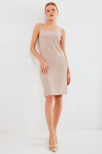 2496 Zincir Detaylı Örme Elbise - Bisküvi