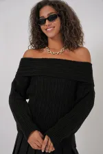 15908 Kadın Açık Omuz Oversize Triko Kazak - Siyah