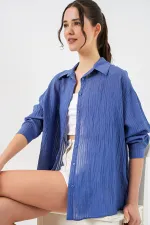 Kadın Uzun Oversize Gömlek 20320 - İndigo