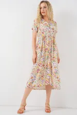 Women's Buttoned-Down Short Sleeve Floral Dress 2561 - Cream