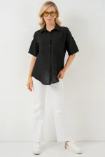 Chemise à manches courtes pour femme, aspect lin, référence 20336 - Noire