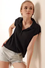 20123 Polo Collar Knitted Blouse - Black