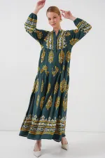 2423 Otantik Desenli Tesettür Elbise - Yeşil 7