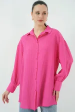 Kadın Çizgili Uzun Gömlek Tunik 5963 - Fuşya