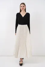 8009 Deri Görünümlü Piliseli Etek - Krem