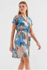 2502 Kısa Kol Desenli Şifon Elbise - Mavi