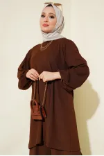 Kadın Kahverengi Tunik Pantolon Alt Üst Takım 6663