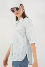 Chemise rayée à manches courtes pour femme 20345 - Bleu clair