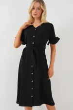 Women's Short Sleeve Buttoned Dress 2555 - Black