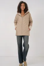 5197 Kapüşonlu Kapitone Mont - Bej