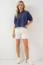 Kadın Kısa Kol Crop Gömlek 20335 - İndigo