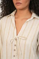Chemise rayée en lin à lacets pour femme 995 - Écru
