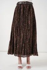Kadın Kemerli Desenli Etek 8074 - Kahverengi