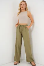Kadın Geniş Paça Keten Pantolon 6735 - Çağla