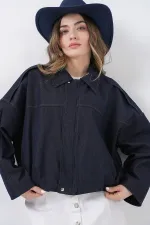 Women's Denim Bomber Jacket 0737 - Navy Blue