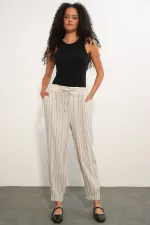 Pantalon rayé en lin pour femme 30102 - Noir