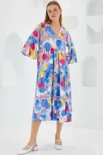 Kadın Mavi Kırmızı Desenli Kısa Kol Viskon Elbise 1959