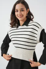 Kadın Çizgili Triko Süveter 15926 - Ekru