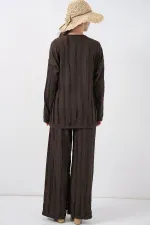 Kadın Örme Kimono Pantolon İkili Takım 30067 - Kahverengi