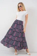 Women's Patterned Long Skirt 8053 - Navy Blue