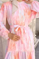 Kadın Desenli Uzun Tesettür Elbise 2586 - Pembe