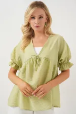 Kadın Önü Bağcıklı Kısa Kol Bluz 962 - E.Yeşil