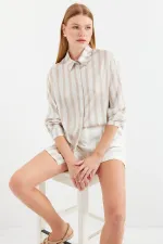 3964 Hafif Dökümlü Saten Gömlek - C. Bej