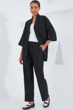 6661 Kadın Çizgili Kimono İkili Takım - Siyah
