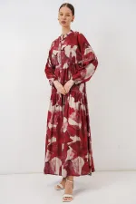 Kadın Desenli Uzun Tesettür Elbise 2585 - D. Bordo