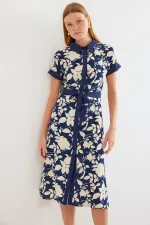 2455 Patterned Shirt Dress - Navy Blue