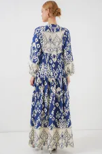 2423 Otantik Desenli Tesettür Elbise - İndigo 1
