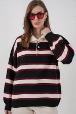 Women's Striped Polo Neck Knitwear Sweater 15952 - Black