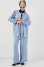 Kadın Önü Bağcıklı Tunik Pantolon İkili Takım 6744 - Mavi