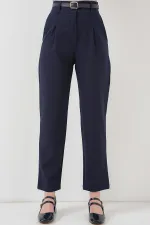 Women's Pleated Belted Fabric Trousers 6725 - Navy Blue
