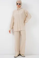 Kadın Örme Tesettür Alt Üst Takım 6711 - Krem