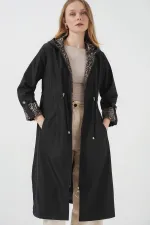9091 Waist Drawstring Hooded Trench Coat - Plain Black