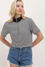 Women's Black Polo Collar Zippered Striped T-Shirt 0497