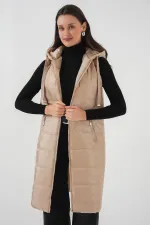 5140 Kapşonlu Uzun Şişme Yelek - Bisküvi