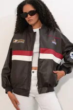 0698 Printed Faux Leather Bomber Jacket - Brown 0698 Printed Faux Leather Bomber Jacket - Brown