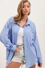 Chemise oversize en lin à poche unique 20153 - Bleue