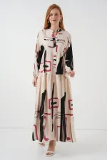 Kadın Desenli Uzun Tesettür Elbise 2585 - C.Krem