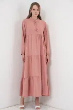 T1627 Yaka Bağcıklı Elbise - Pudra