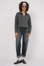 55449 Zippered Collar Knitted Sweatshirt - Anthracite