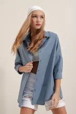 3900 Oversize Uzun Basic Gömlek - İndigo