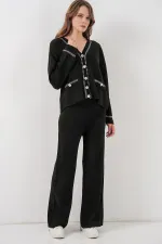 Women's Embroidered Knitwear Cardigan Trousers Two-Piece Suit 15963 - Black