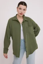 Chemise oversize en lin à poche unique 20153 - Kaki