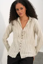 Chemise rayée en lin à lacets pour femme 995 - Crème
